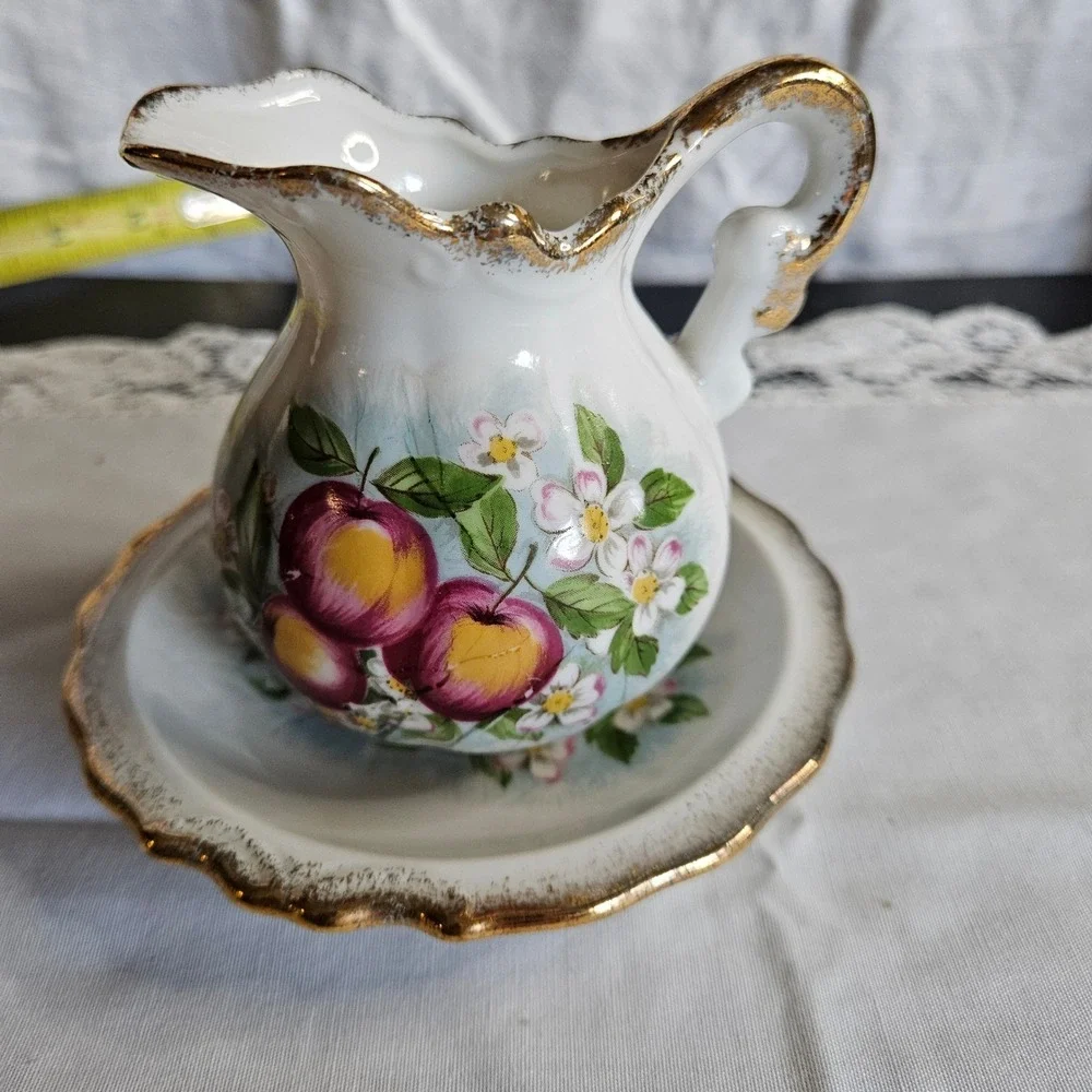 Vintage Homco Apple Blossom Pitcher Creamer w/ Saucer 1407 Japan